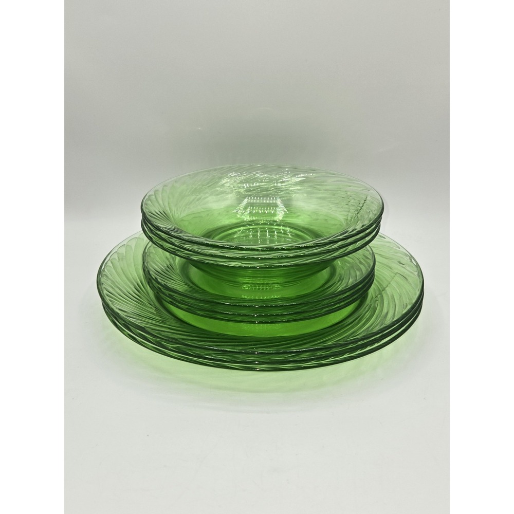 Pyrex Festiva Spring Green Swirl Glass Dinner Plates Salad Plates Bowls Set 9 Pc